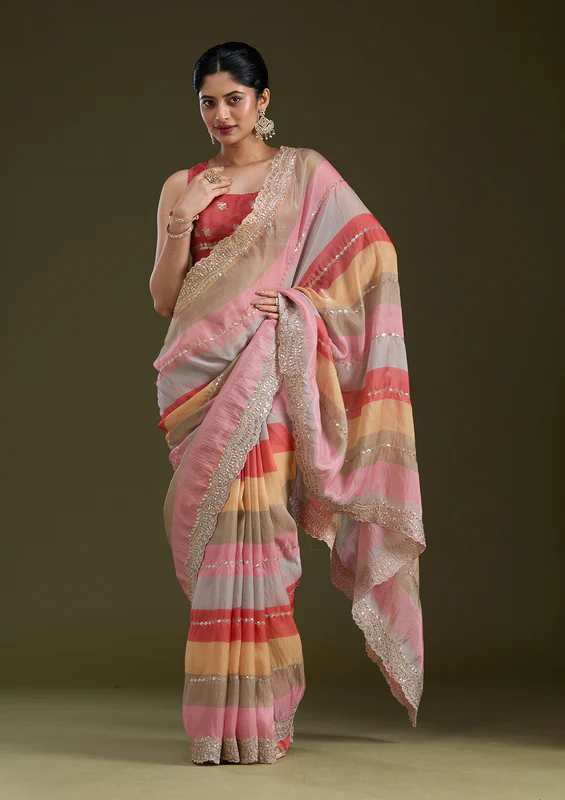 Yellow Sequins Organza Saree